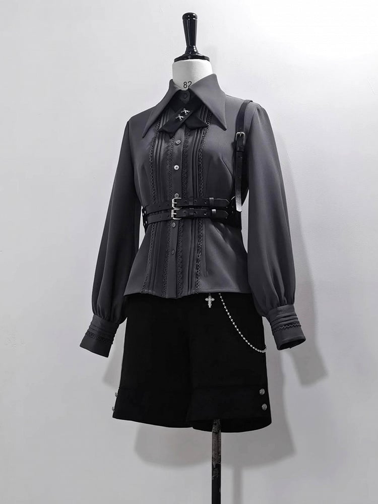 クライン グレー ブルー＆ポイントカラー ロングシャツ プリーツ フォールドオーバー ディテール レース/プリンススリーブ