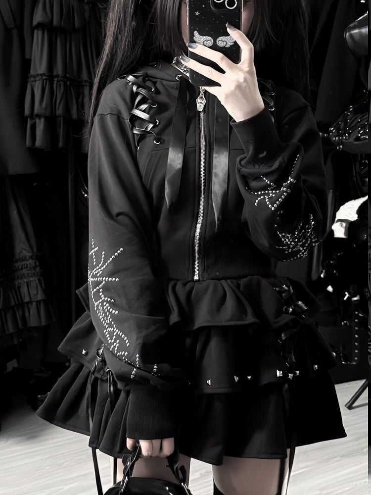 Lace-Up Dark Hoodie Stud-Decorated Black Kei Jirai