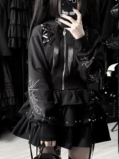 Lace-Up Dark Hoodie Stud-Decorated Black Kei Jirai