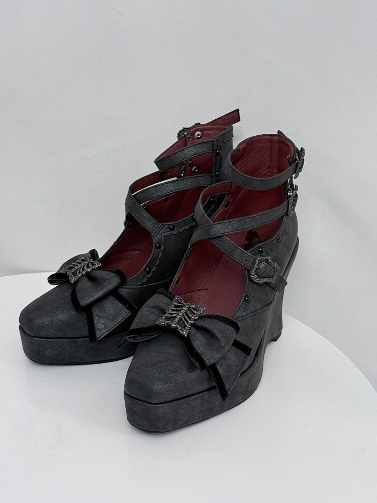 Matte Black Gothic Lolita 10cm Slope Heel Shoes with Butterfly Bow Accent - sphenoid