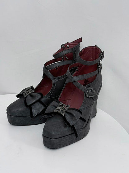 Matte Black Gothic Lolita 10cm Slope Heel Shoes with Butterfly Bow Accent - sphenoid