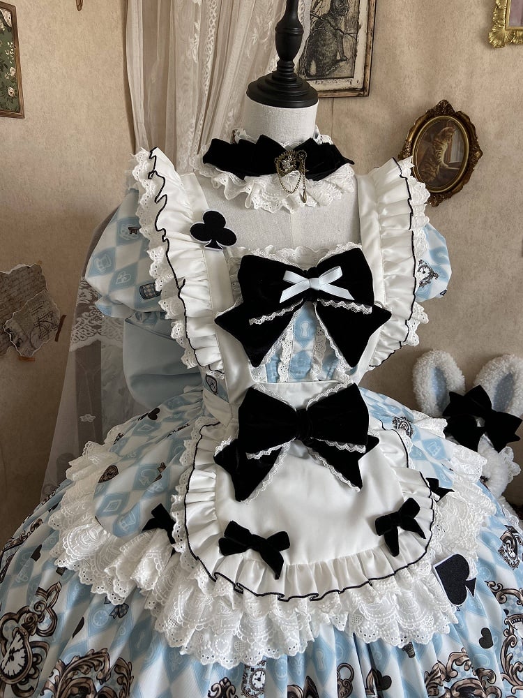 Blue White Diamond Sweet Lolita OP Dress with White Apron - Untitled Heartbeat