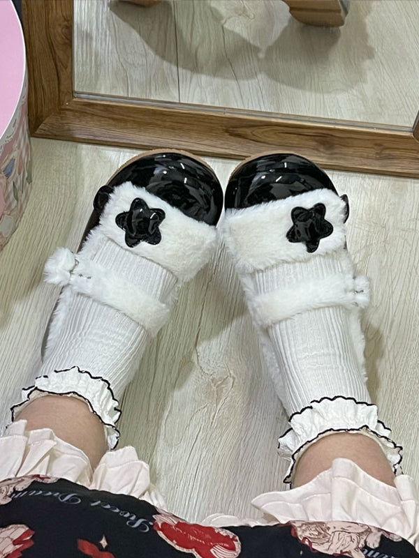 Fleece Decor Black Lining - Strap Star Sweet Plush Shoes Flat