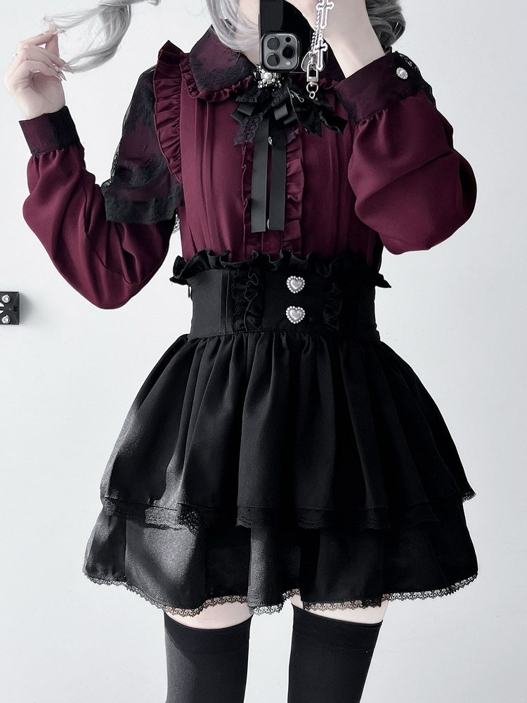 プリーツ衣装 - 黒シャツ ジライケイ スカート 赤 + 詳細 ティアード