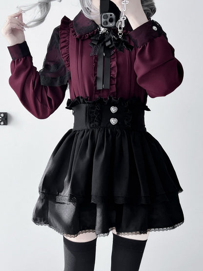 プリーツ衣装 - 黒シャツ ジライケイ スカート 赤 + 詳細 ティアード