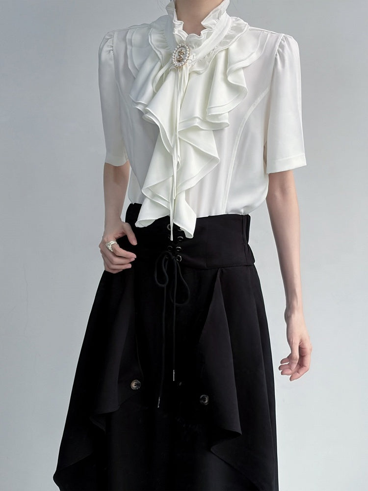 Layered Ruffle White Ouji Short Sleeve Blouse - ROAE