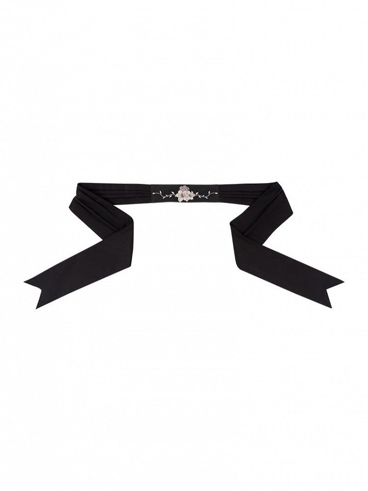 Floral Embroidered Waist Belt in Black and Pink - Yimu Walnut