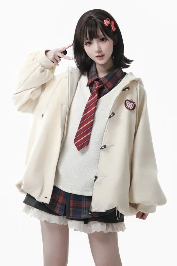 White Sweatshirt with Two-piece Apple Brooch