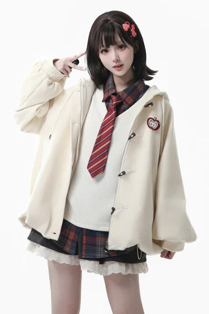 White Sweatshirt with Two-piece Apple Brooch