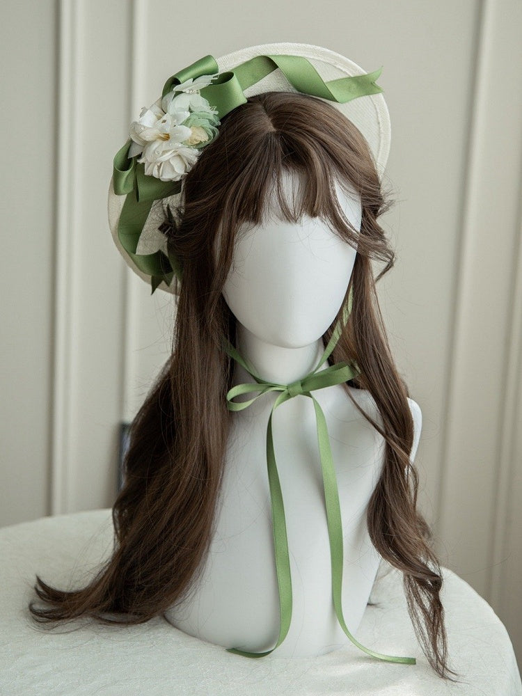 and Flower Decorated Ribbon Creamy Green White Hat
