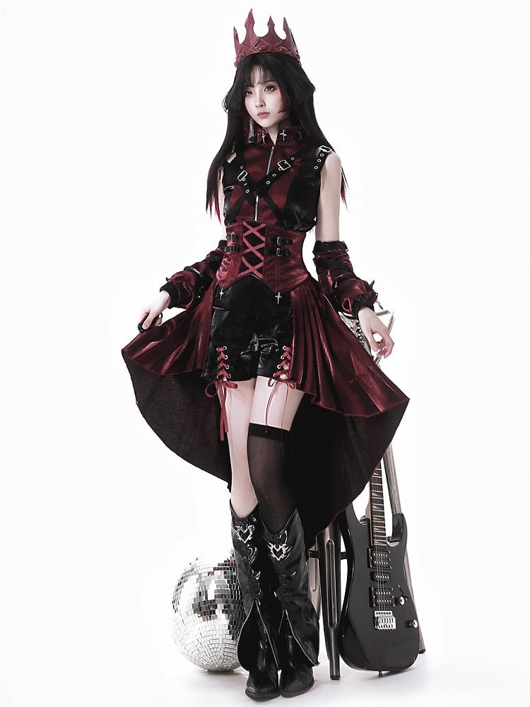 Lolita + Shorts Punk Top Skirt Full High-low Red and Set Black Sleeves Overall Sleeveless - Idol