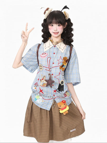 Daily Kawaii Blue Plaid Shirt with Animal Embroidery - Languid Park