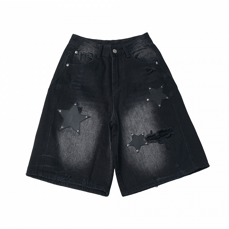 Black Distressed Denim Wide Leg Shorts with Leather Star Patches - PINK SAVIOR