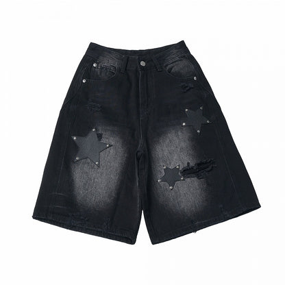 Black Distressed Denim Wide Leg Shorts with Leather Star Patches - PINK SAVIOR