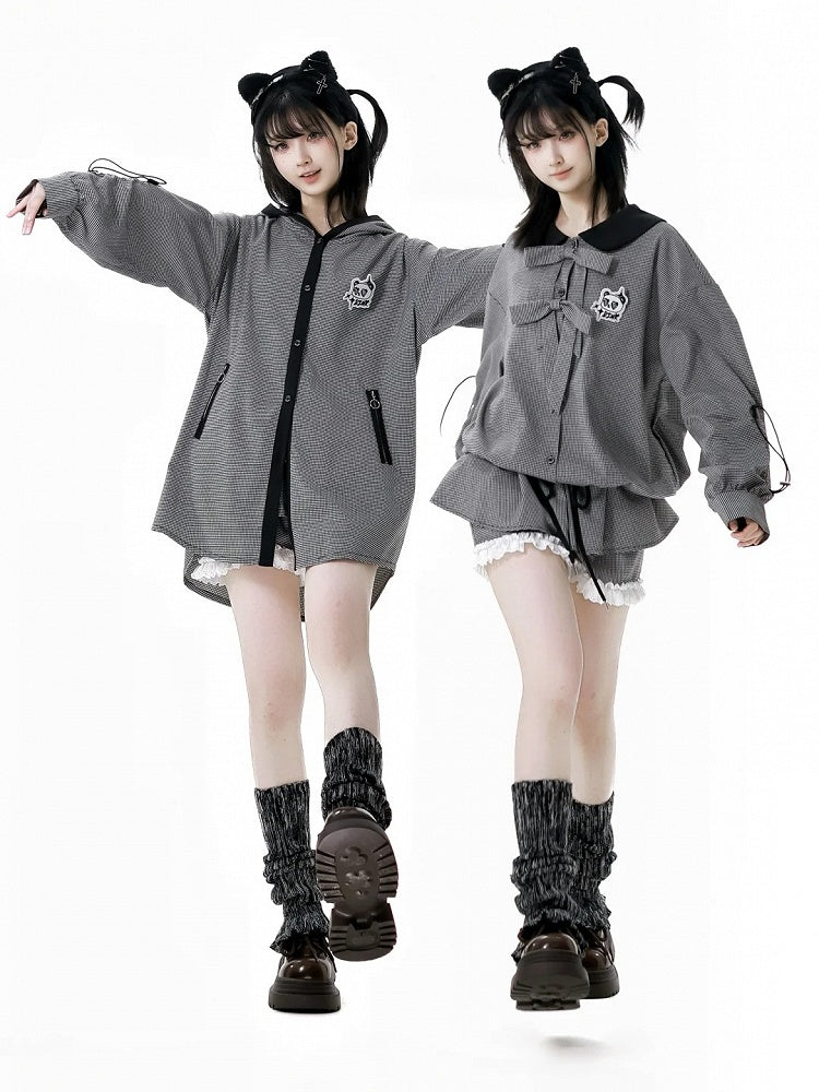 White Plaid Panda Embroidery Drawstring and Black Cuffs Hooded Top