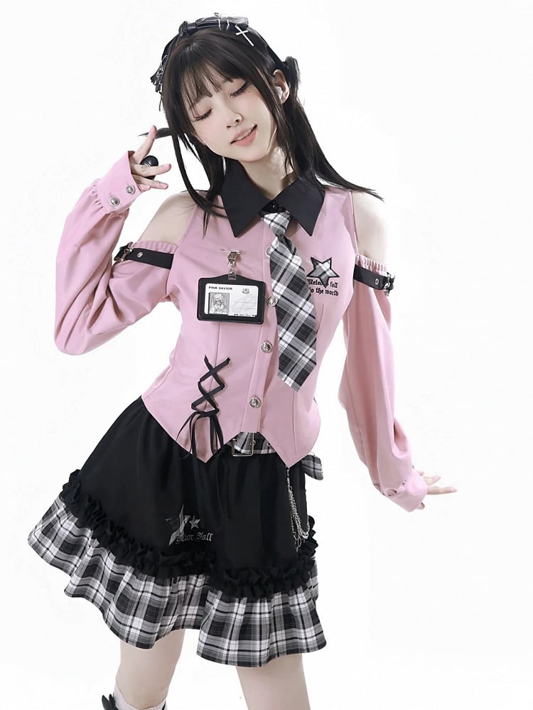 Top: with Idol Bittersweet Open Buckles Star Shirt Pink Punk Shoulder Core Fashion