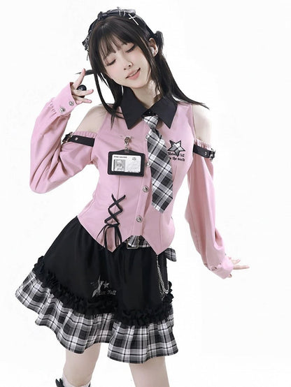 Top: with Idol Bittersweet Open Buckles Star Shirt Pink Punk Shoulder Core Fashion