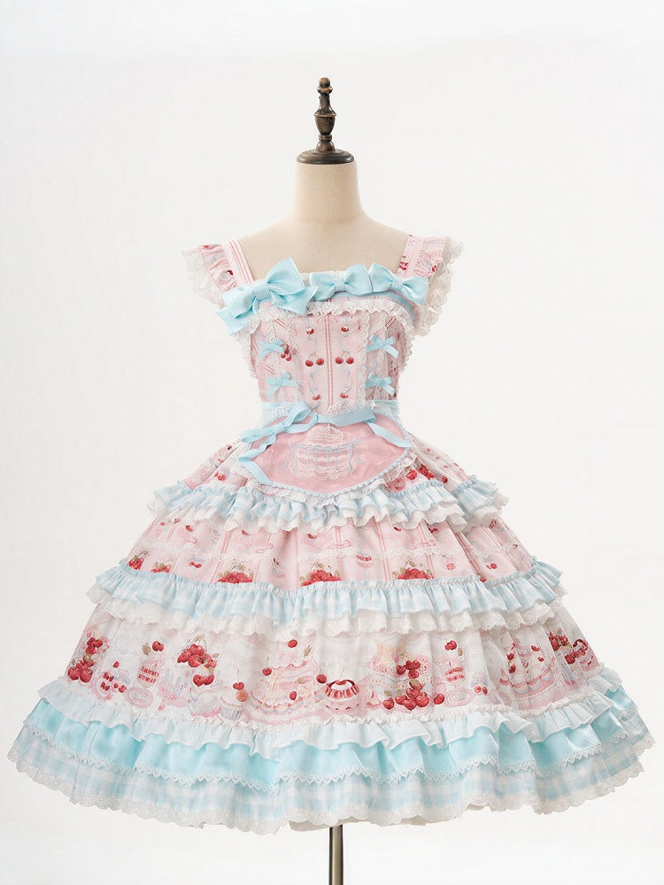 Blue Cherry Cake Print Sweet Lolita Dress with Bow Details - Strawberry Fantasy