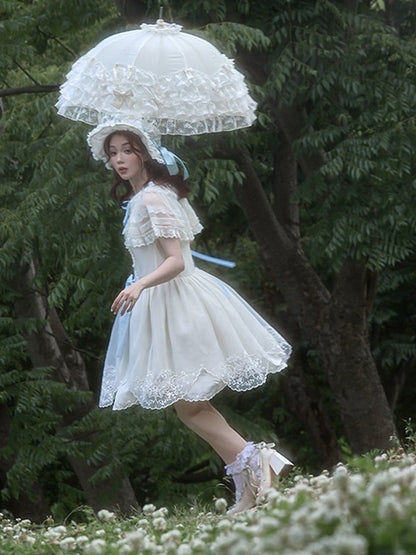 White Flutter Sleeve Lolita Dress with Bows and Scallop Trim