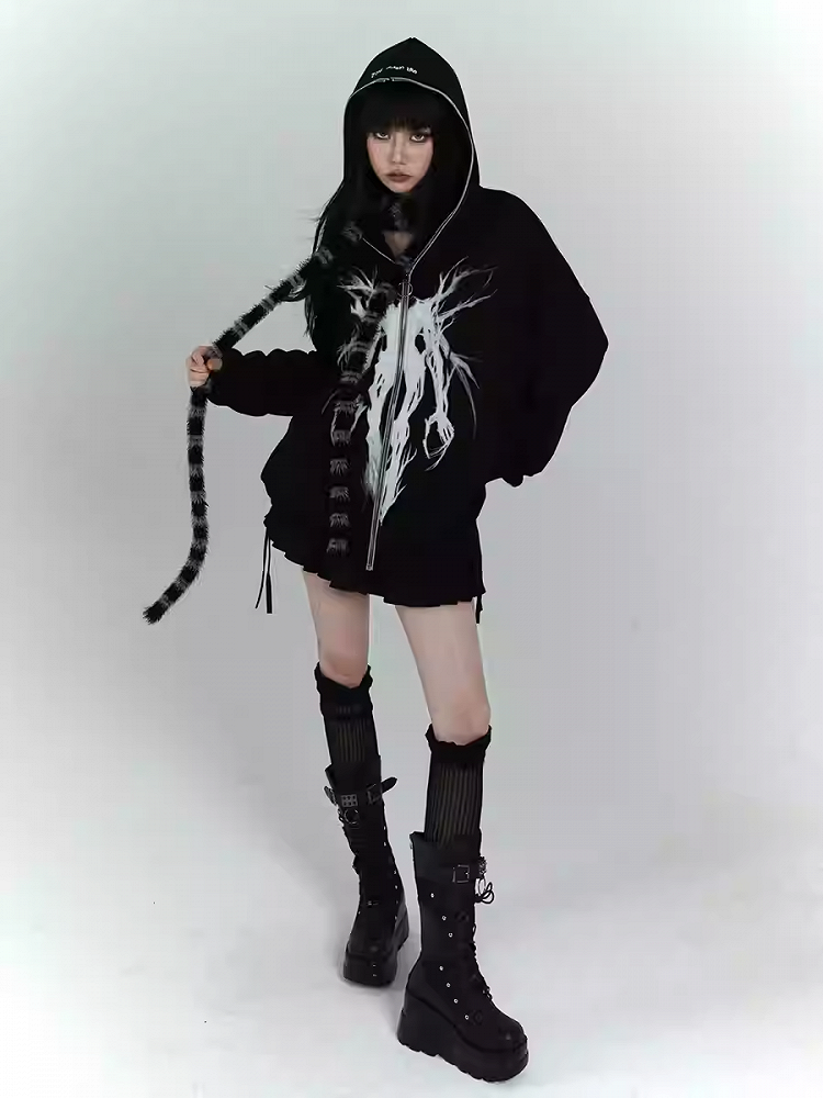 Gothic Schwarzer Kapuzenpullover mit Reißverschluss und lockerer Grafik