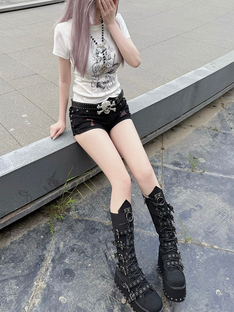 with T-shirt in Cartoon Cotton Crew White Neck Print Slim-fitting Girl