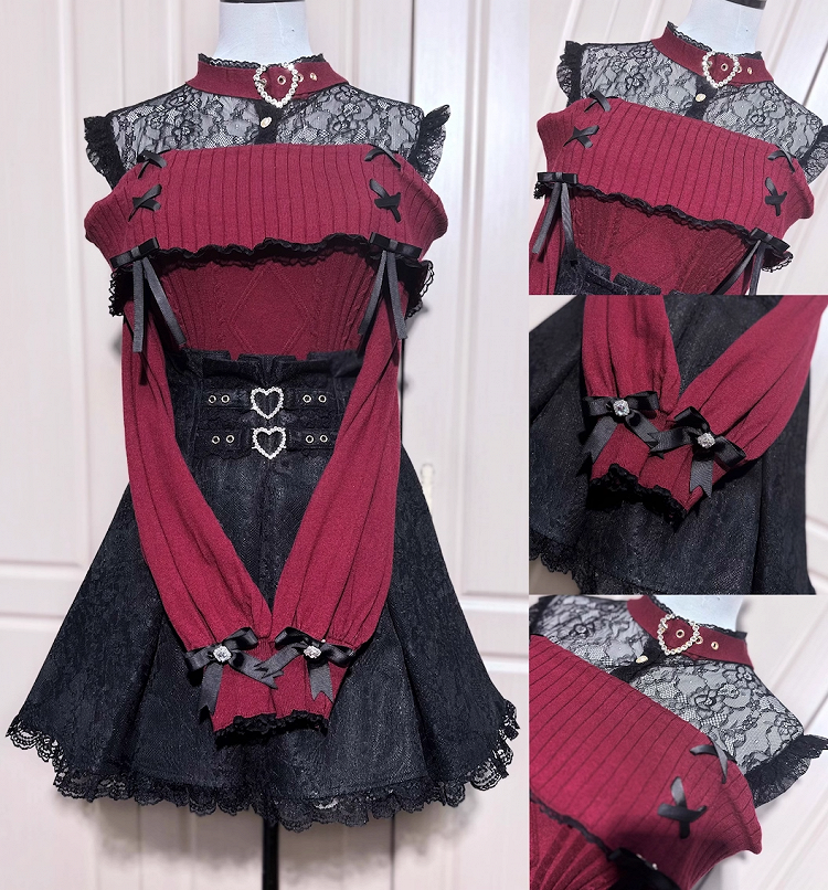 Kei Jirai Red Illusion Design Buckle Sweater: Wine Shoulder with Neckline Knit Open