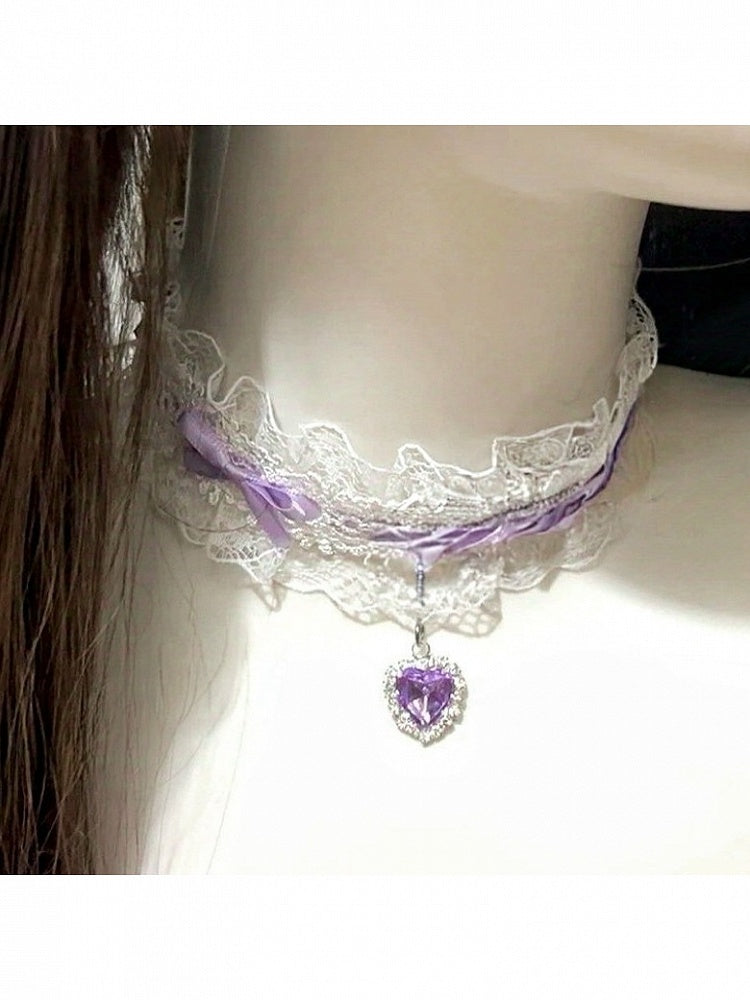 Lace Choker with Bow and Heart Rhinestone - Post-2000 Gift Shop