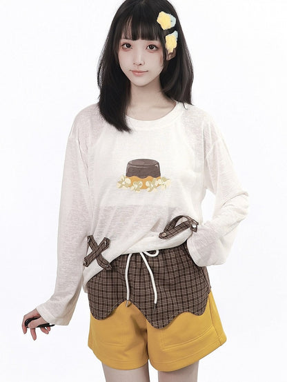 Airy White Pudding Graphic Long Sleeve Blouse with Plaid Strip Accents - PINK SAVIOR