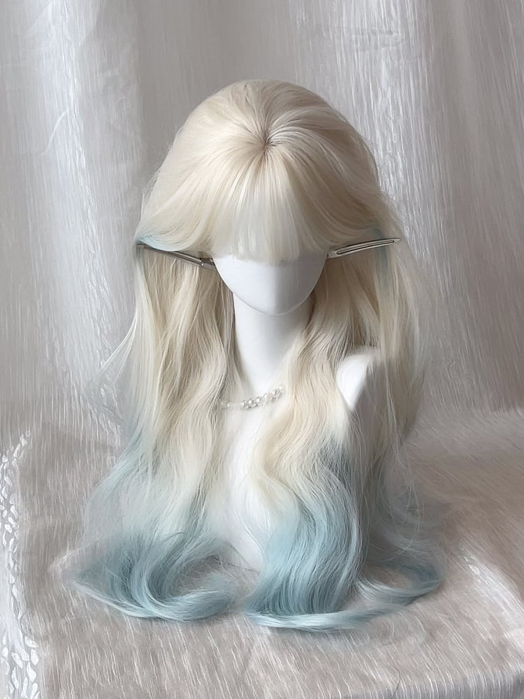 Bangs Wig Full 70CM Platinum Wavy with Blue Ombre Blonde