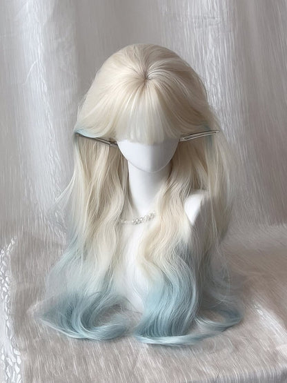 Bangs Wig Full 70CM Platinum Wavy with Blue Ombre Blonde