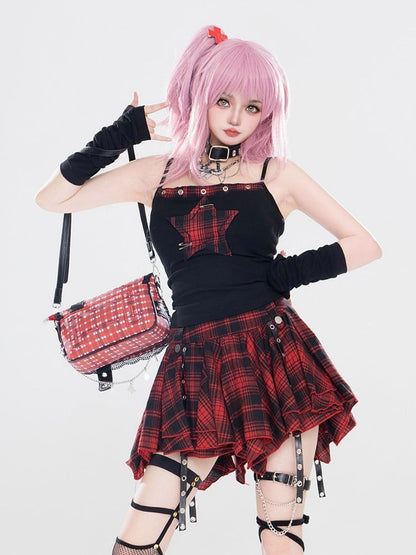 With Cami Applique Black Top Red Star Plaid