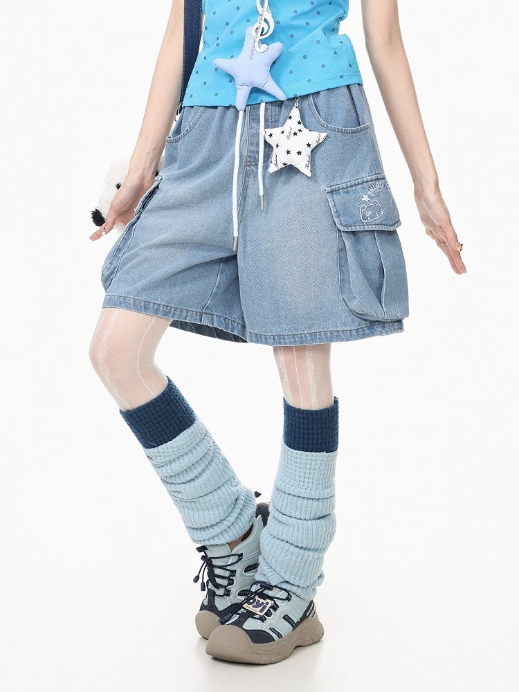 Blue Wide Leg Denim Shorts with Star Charm - Languid Park