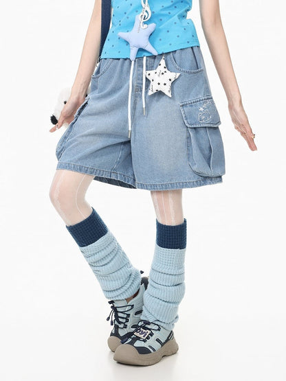 Blue Wide Leg Denim Shorts with Star Charm - Languid Park