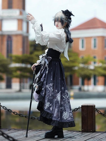 Lolita High-low Skirt Outfit Vibes Black Belt Ouji Shorts Circus Print + Shirt Bunny Corset - White