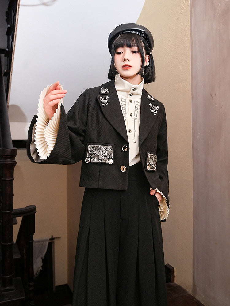 Gothic Sleeve Embroidery Cheongsam Convertible Pleated Collar Bell with White Bronze Regular/Thicken Blouse