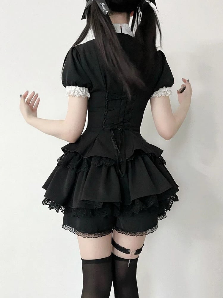 ショートフリルブラックスリーブホワイトネックラインゴシッククロスレースアップチャームドレスロリータ