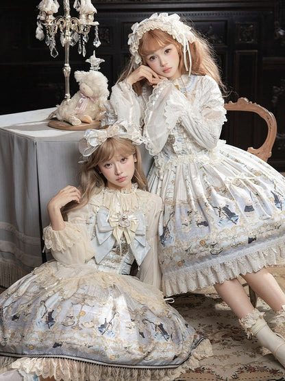 Azure Rabbit-Print Bow JSK with Lace Blouse - Stars Fall on the Foggy Island