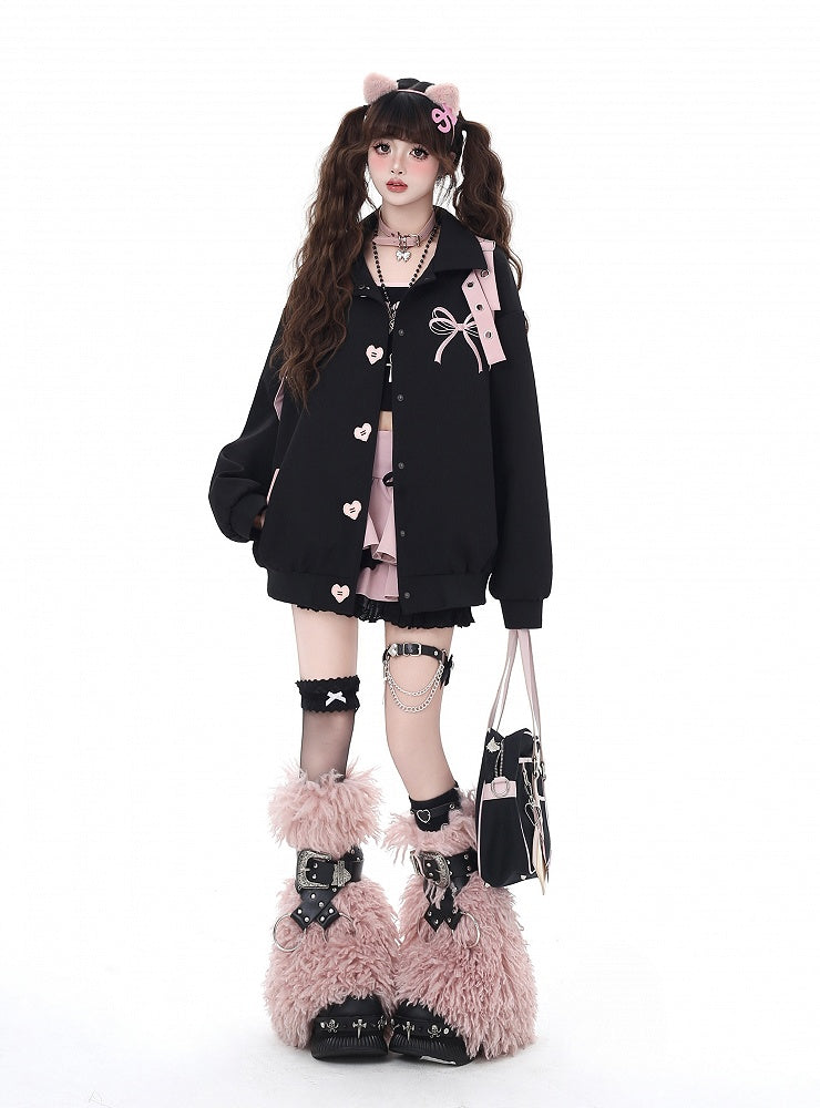 Black Heart-shaped Snap Baseball Jacket with Detachable Bowknot Strap