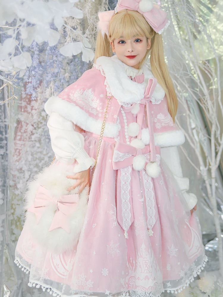 Moon with Set Snow Lace Dress Jumper Print Overlay Cape Trim Pink Plush Castle Lolita Skirt