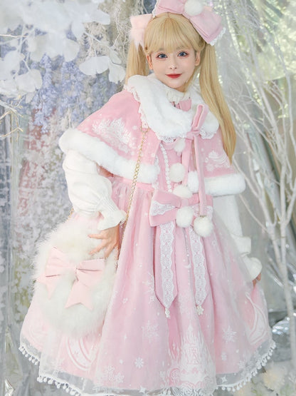Moon with Set Snow Lace Dress Jumper Print Overlay Cape Trim Pink Plush Castle Lolita Skirt