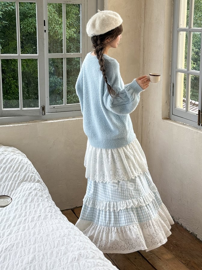 Blau-weißer Mori Kei-Rock mit hoher Taille und Patchwork-Karomuster