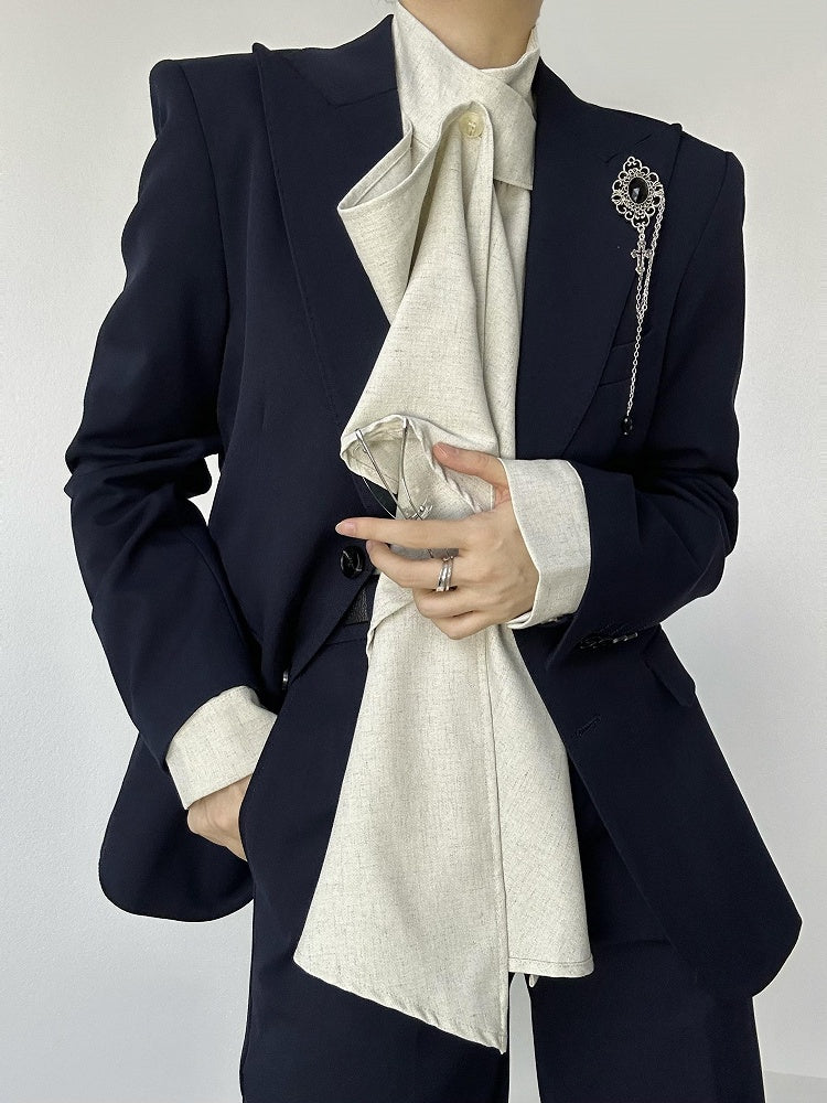 Pocket Chest Lolita Unisex Vintage with Blue Dark Blazer Slim-fitting Ouji