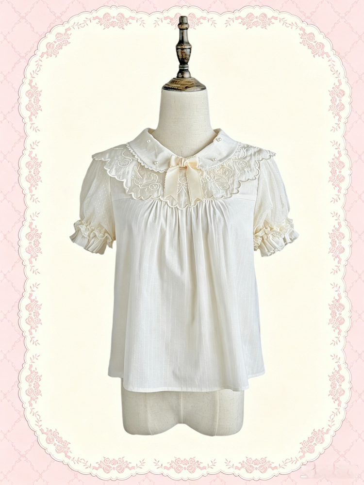 Sweet Lolita Blouse with Embroidered Collar and Puff Sleeves - Treasure House