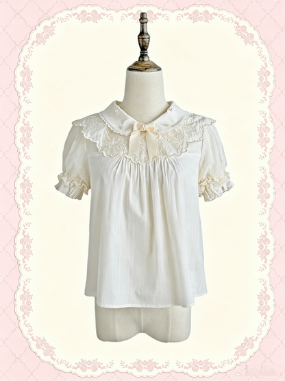 Sweet Lolita Blouse with Embroidered Collar and Puff Sleeves - Treasure House