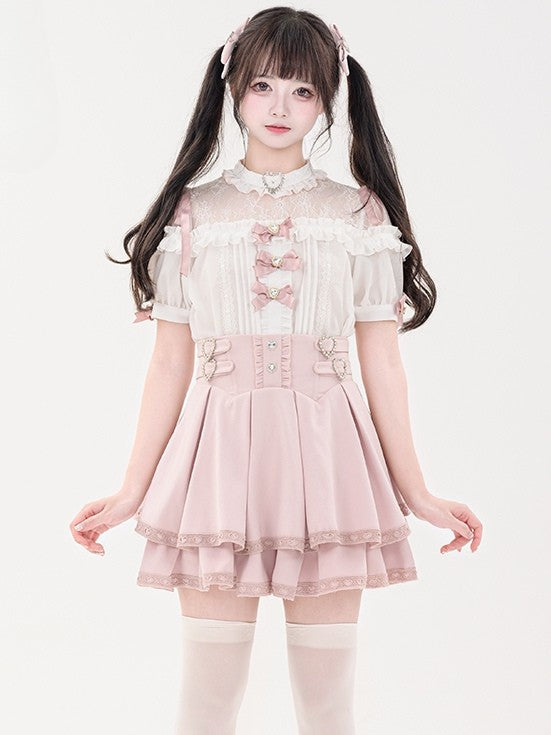 蝶結びのショート丈ジライラインストーンシャツプリーツピンクのディテール袖装飾ケイハート