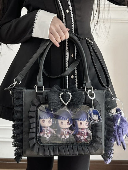 ジライ装飾の蝶結び付きイタトリムフリーホルダーレースビーズカードバッグハートケイPVCブラック