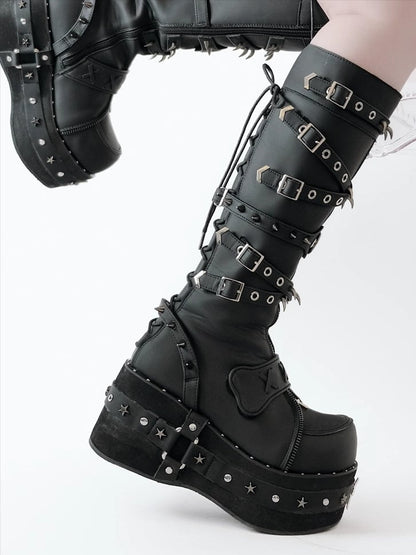 Sole Studded Knee-High with Platform Details Decor - Black Boots Punk Cross