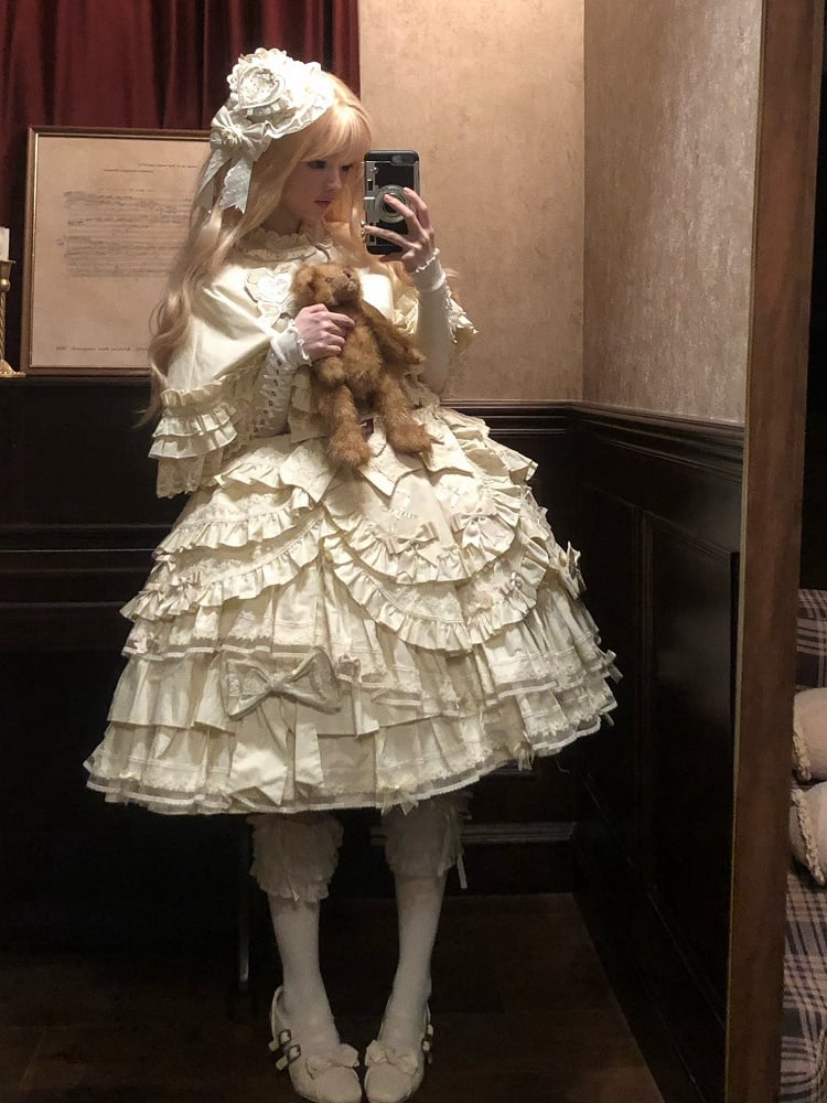 Under Bell Sleeves Style Set Lolita Full Sweet Bust Blouse + Beige - Cape Dress JSK Doll