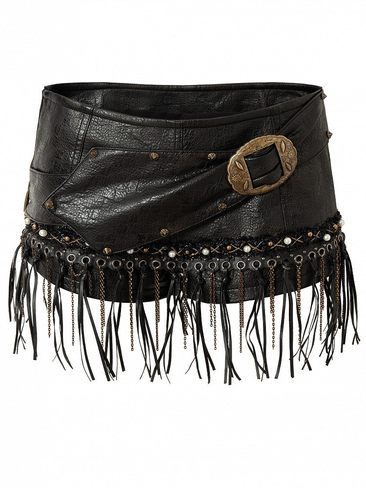 Punk Shorts Decorated Hem Beaded Black Wasteland Tassel