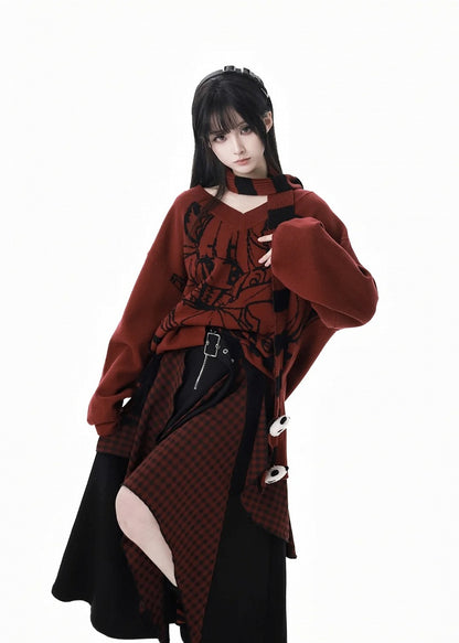 Roter Strickpullover mit V-Ausschnitt und Cartoon-Muster